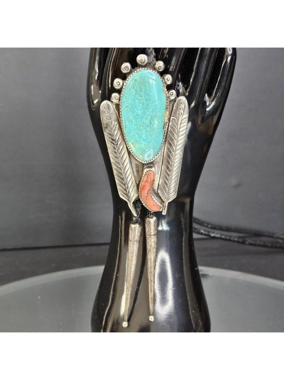 Navajo Turquoise And Coral Sterling Silver Bolo Tie Signed. USA Native American